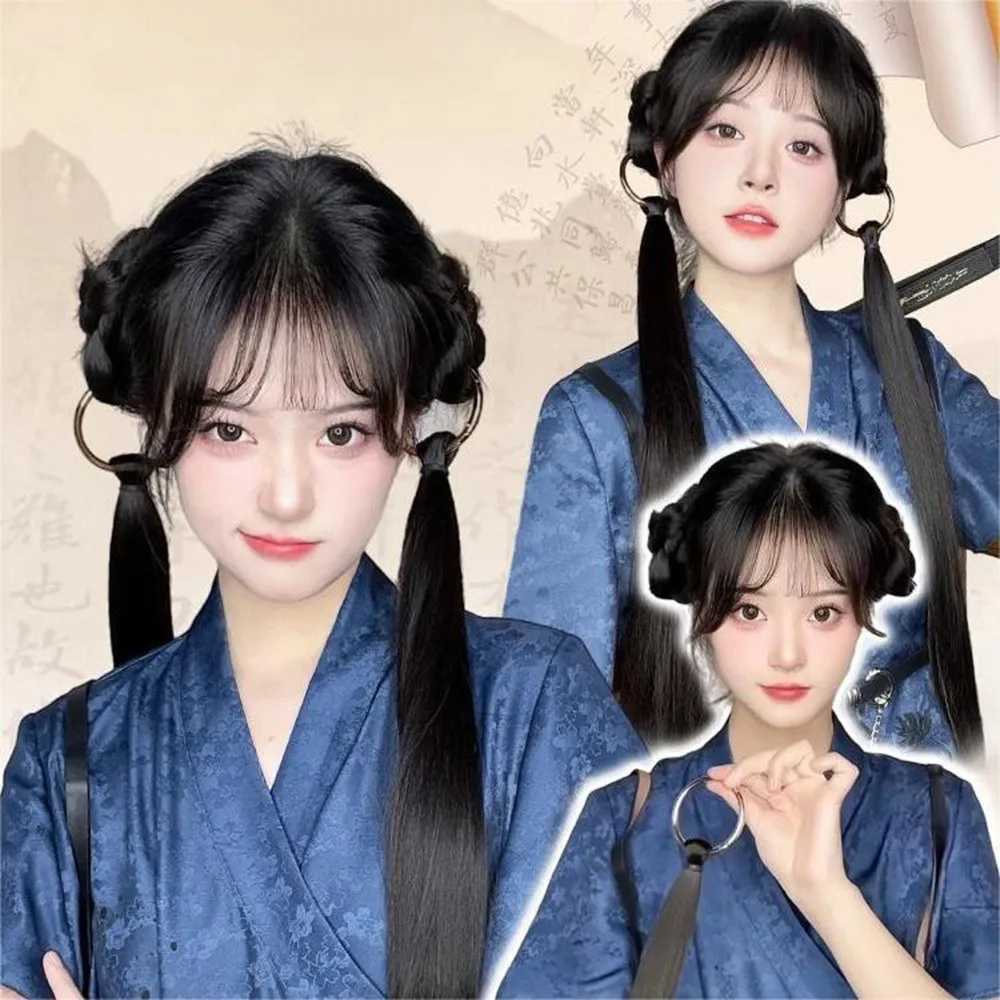 1 new wig ponytail womens new Chinese style hair clip extended ponytail long filament straight hair double braid W240817
