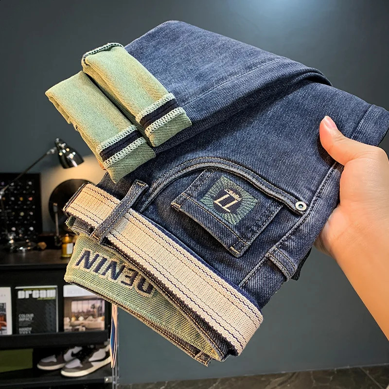 Mens Jeans Fashionable Trendy High-End Embroidery Stretch Slim-Fitting Ankle-Tied Washed Handsome Pencil Pants Trousers 240819