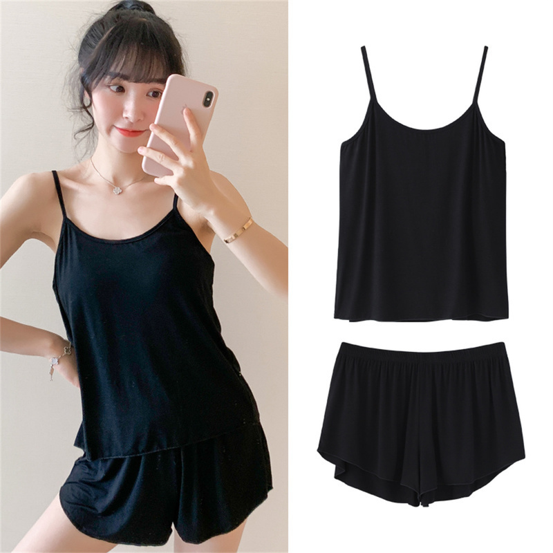 Womens casual pajamas pajama set shorts Spagjetti belt black L XL XXL smooth and soft w240819