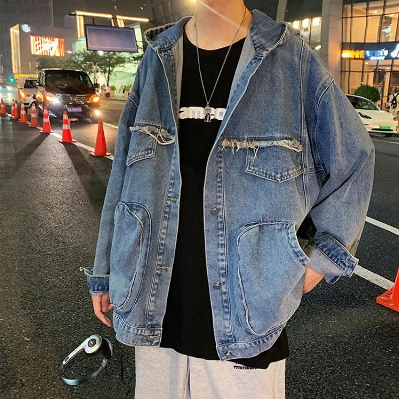 High Street Hooded Denim Jacket mens casual long sleeved jacket Hong Kong style short selling 240809