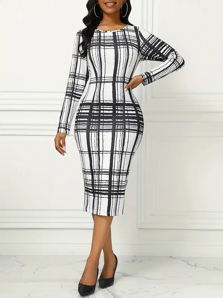 Plaid Print Long Sleeve Dress Casual Crew Neck Dress For Spring Fall Womens Clothing 240819