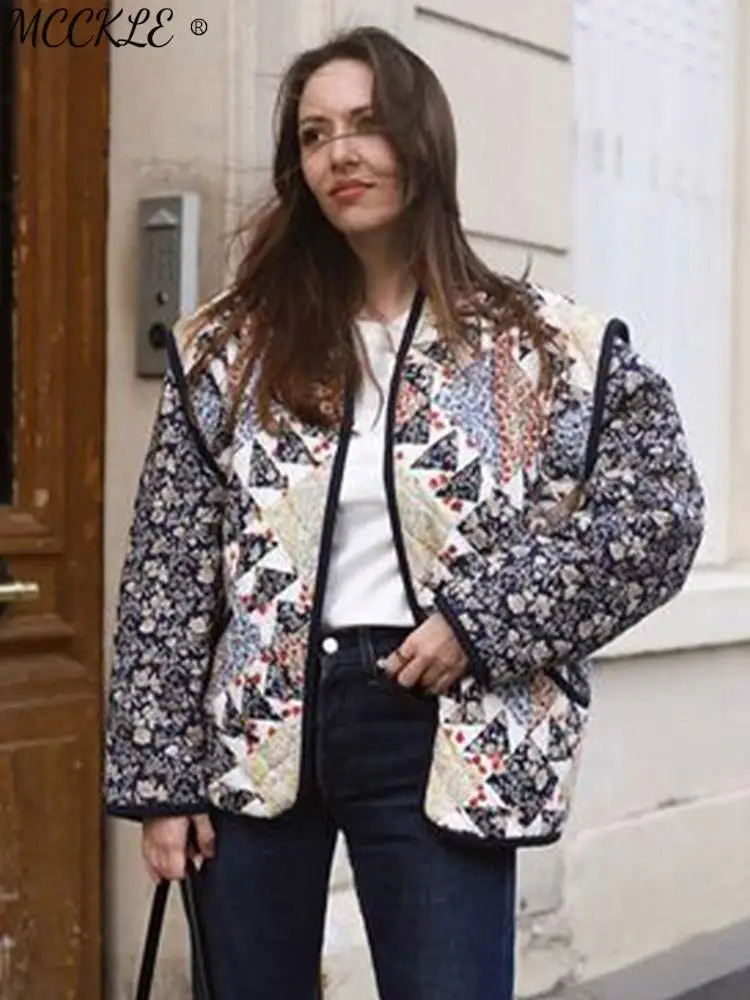 Vintage Long Sleeves Jacket For Women Autumn Cotton Loose Open Warm Printed Geometry Elegant Chic Detachable High Streetwear 240819