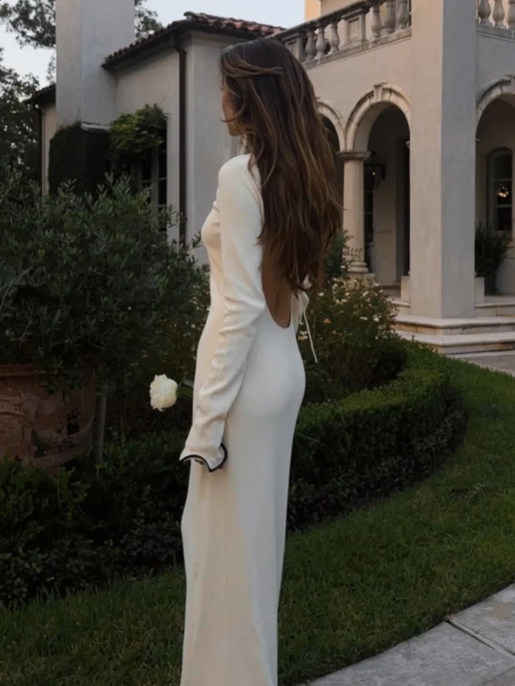 Women Sexy Backless Hater Lace Up Knitted Dress Elegant Long Sleeves Ruffle Hem Contrasting Maxi Dresses Fashion Lady Party Robe 240819