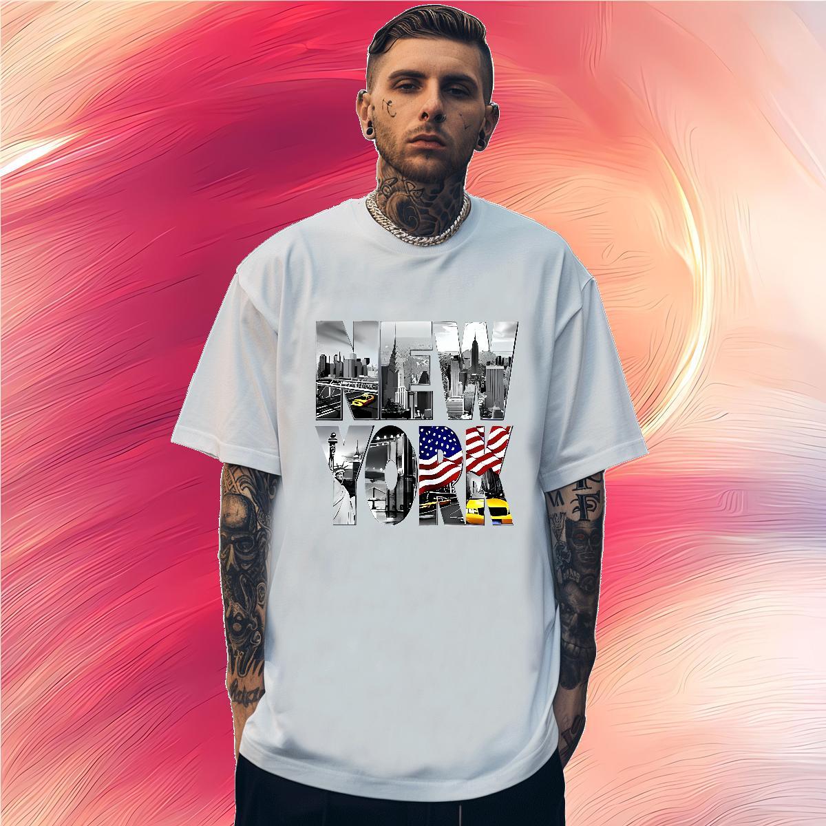 Loose New York 230g Pure Cotton Men Tops Tees Sport Breathable Short Sleeve Men T Shirts Brand Custom Cartoon Tshirts