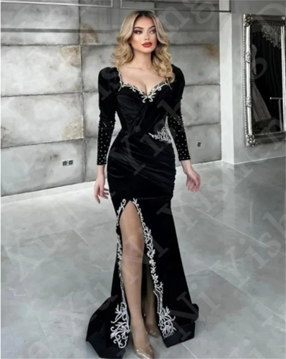 Sexy Black Mermaid Formal Dress Sweethear Neck Long Sleeves Sequins Crystal Velvet Evening Dress Floor-Length Prom Party dress 240819
