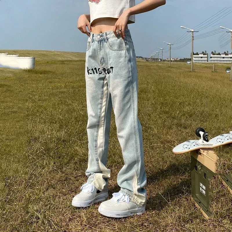 Trousers Light Blue Bootcut Mens Jeans Hip Hop Man Cowboy Pants Letter Flared Comfortable Y2k Vintage Cotton Stacked Y 2k Xs 240819