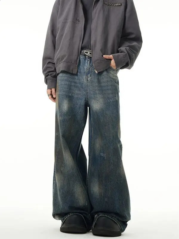 American retro tie dye washed straight leg men and women trendy jeans couple hip-hop street loose wide leg casual pants y2k 240819