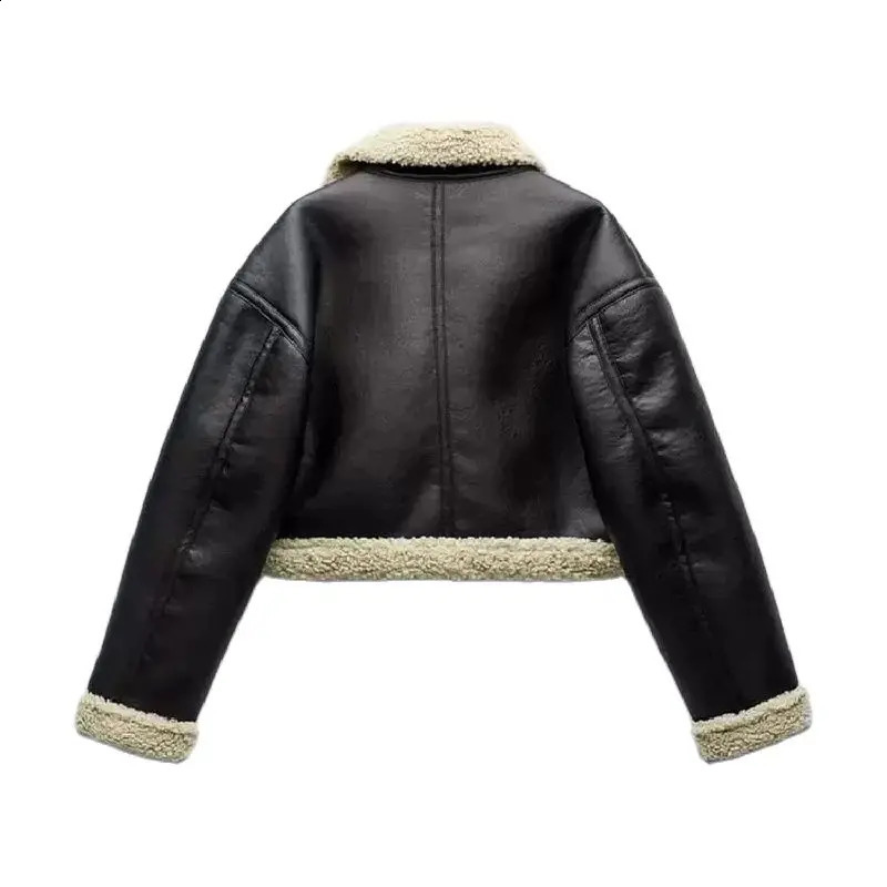 RZRA Womens Autumn and Winter Lapel Fashion Versatile Zipper Pocket Polar Fleece Double-sided Leather Short Jacket 240819