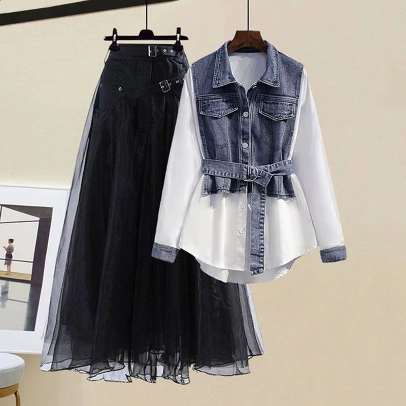 Spring Autumn Large Size Two Piece Skirt Set Streetwear BlouseTulle A-Line Floral High Waist Skirt Two Piece Skirt 240820
