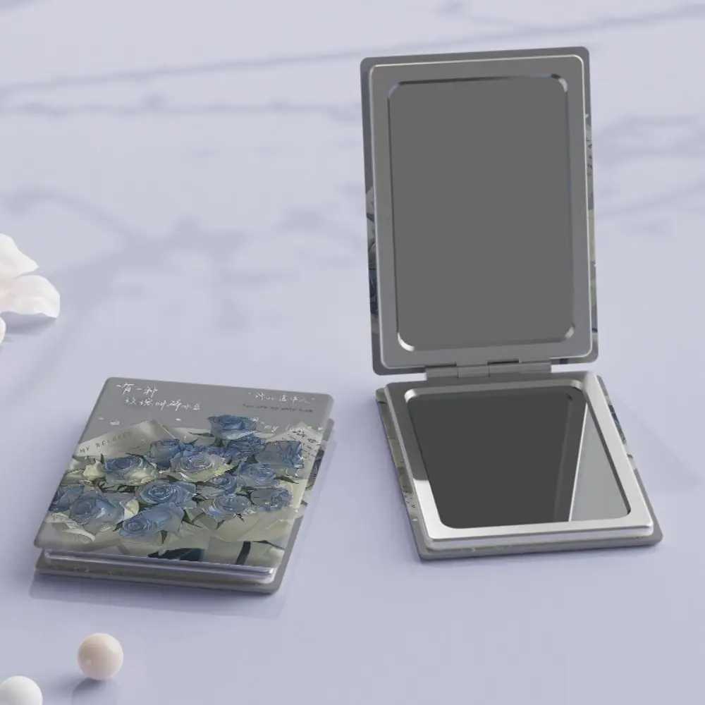 PU Folding Makeup Mirror High Definition Foldable Cosmetic Mirror Elegant Blue Rose Rectangle Pocket Mirror Students Y240819