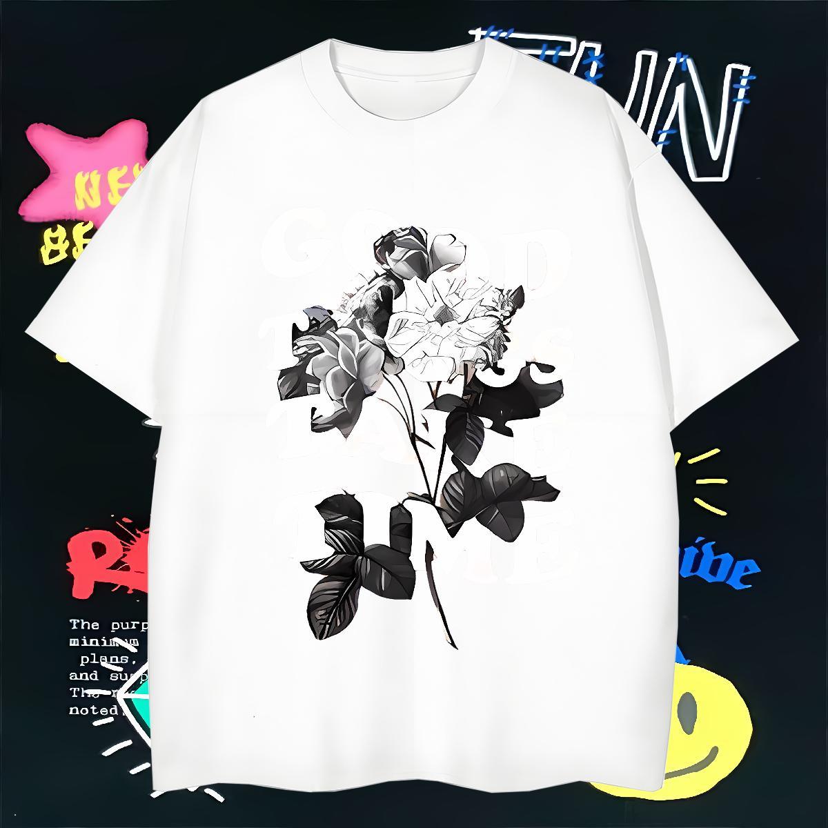 T Shirt For Man 230g Pure Cotton flower Spring Summer Crew Neck Plus Size Custom Tshirts Free Shipping Soft Wear