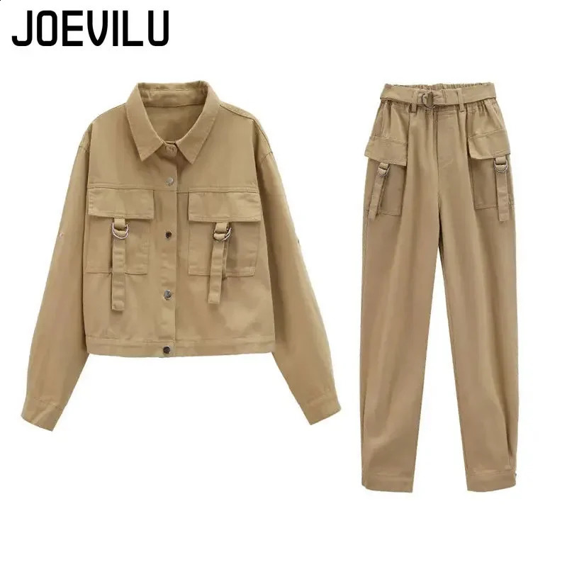 JOEVILU 2PCS Streetwear Tracksuit Cargo Coat Casual Pants 2 Piece Sets Womens Outfits Spring and Autumn Korean Fashion Y2k Suit 240820