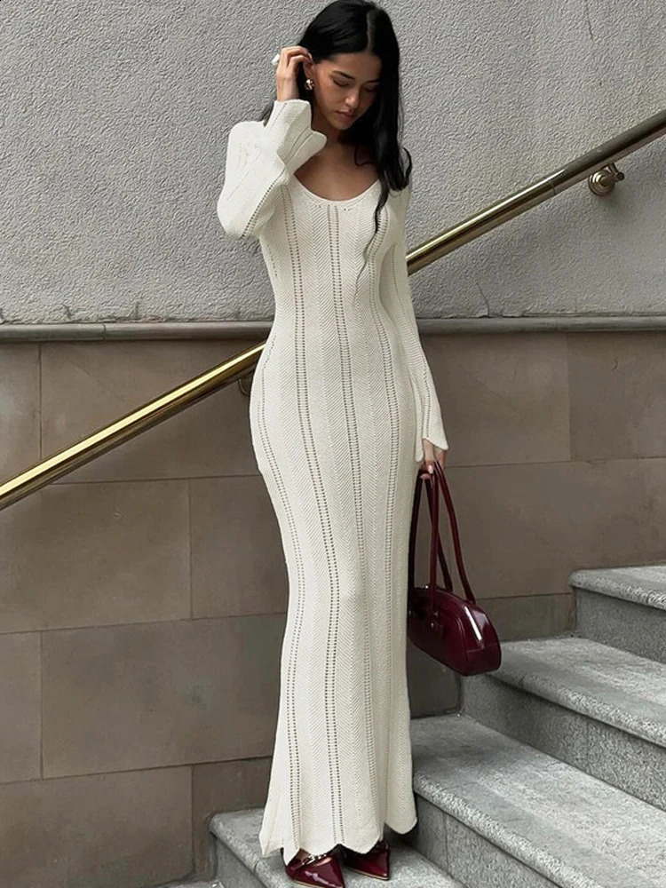 BKQU Knit Elegant Long Dress Women Sexy V-neck Hollow Out Vacation Slim Dress Autumn Long Sleeve Evening Party Sweater Dresses 240819