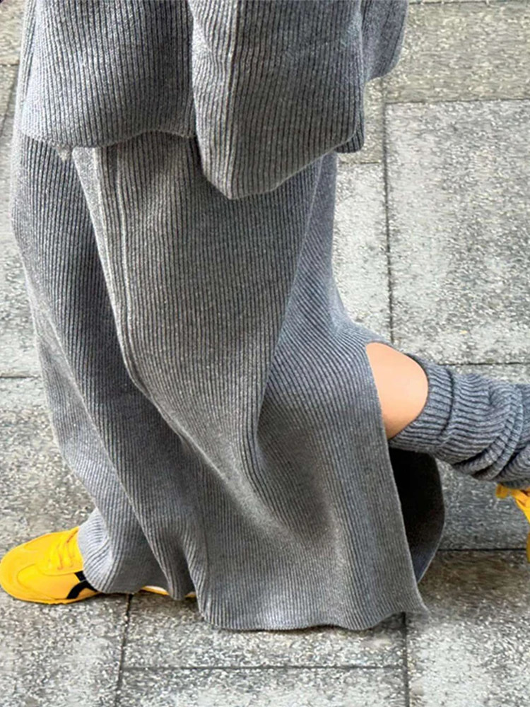 Knit Solid Sets For Women Turn-down Collar Single-breasted Cardigan Split Skirt High Waist Pants Loose Lady Autumn Streetwear 240819