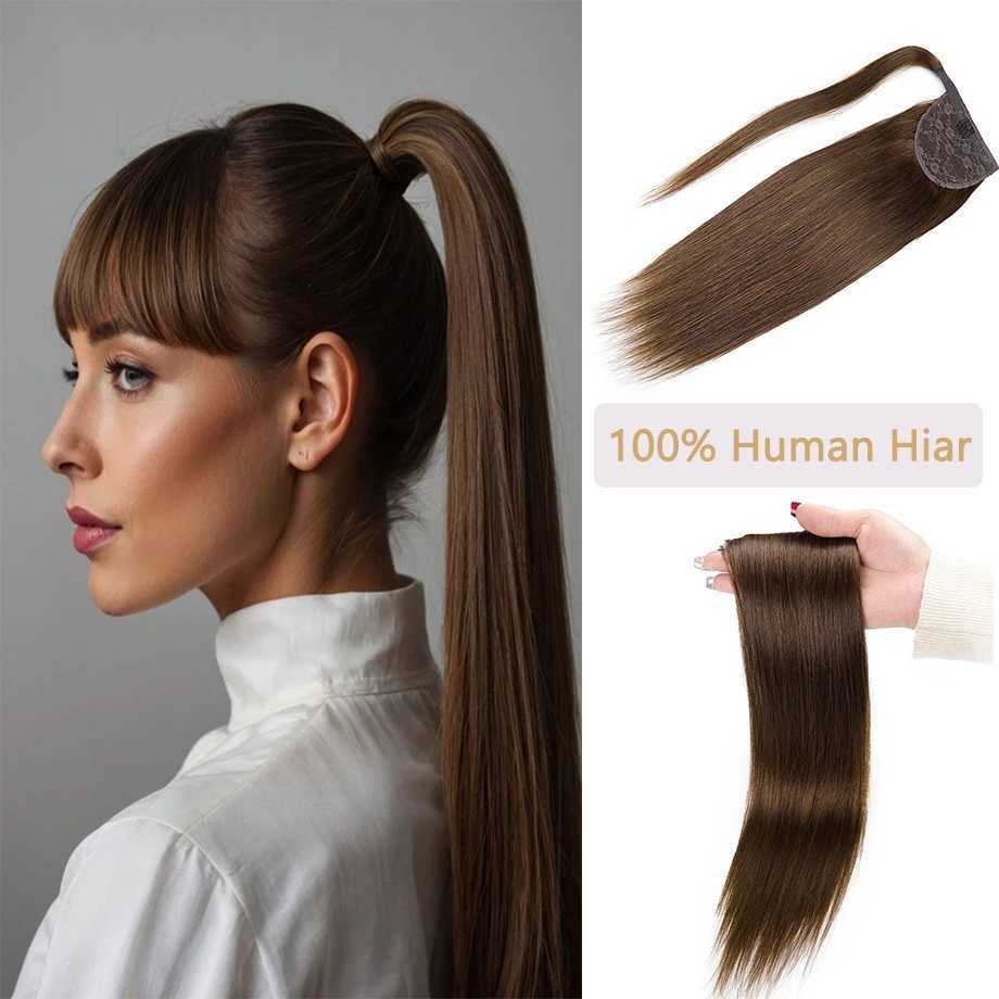 A long ponytail with straight human hair sandwiched in the ponytail. The entire length of human hair is wrapped around the ponytail W240817