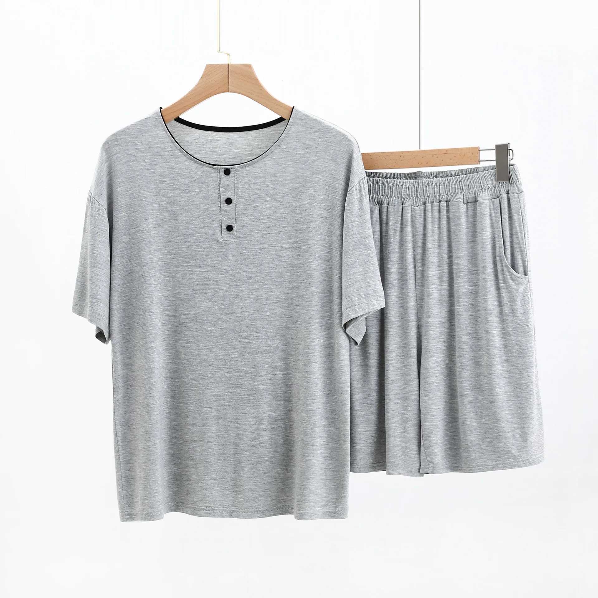 Short sleeved button solid color round neck modular sleep top with short sleeved 2-piece mens sleepwear setW240719