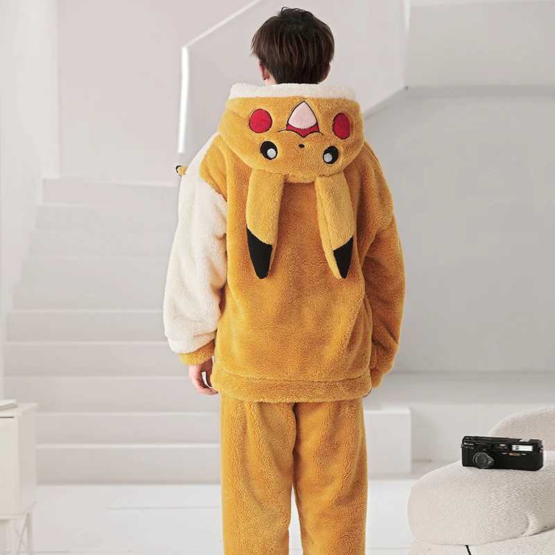 2024 New Winter Mens Pajama Set Coral Velvet Cute Cartoon Pajama Wool Casual Long Sleeve Mens Pajama Thick Warm Home ClothesW240719