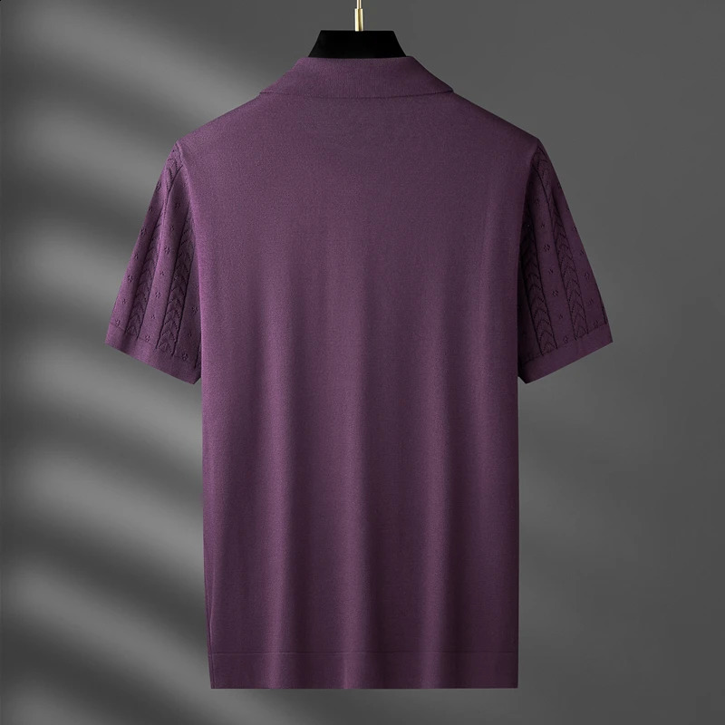 high-end V-neck hollow breathable knitted T-shirt mens summer trend jacquard French style casual short sleeve POLO shirt 240820