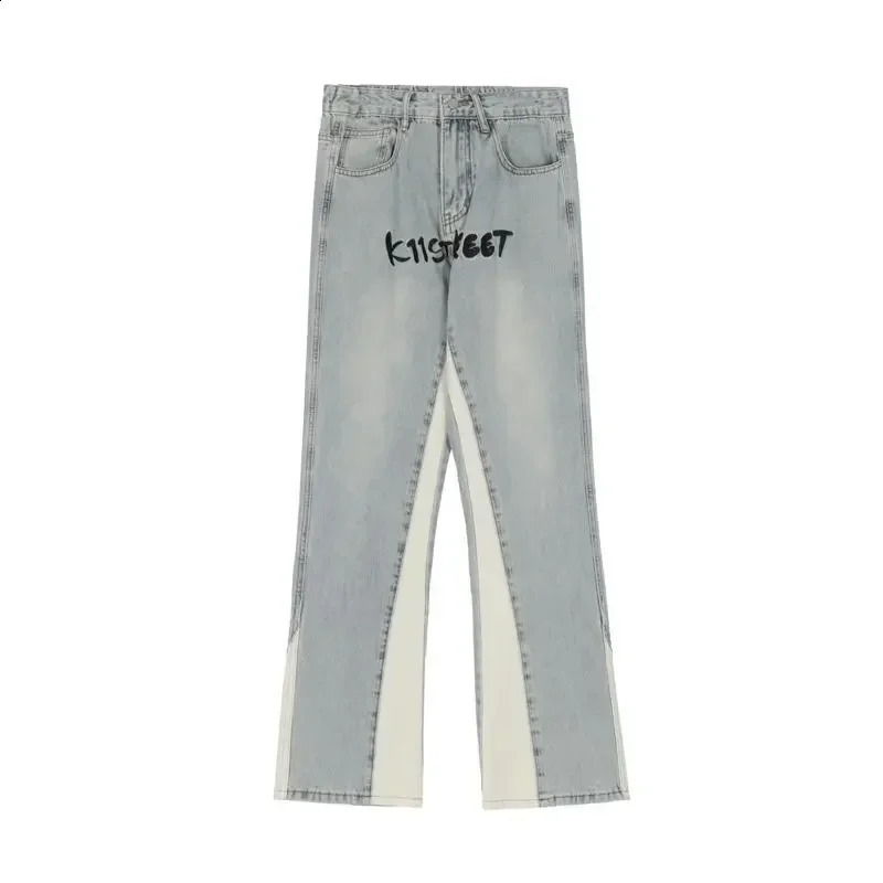 Trousers Light Blue Bootcut Mens Jeans Hip Hop Man Cowboy Pants Letter Flared Comfortable Y2k Vintage Cotton Stacked Y 2k Xs 240819