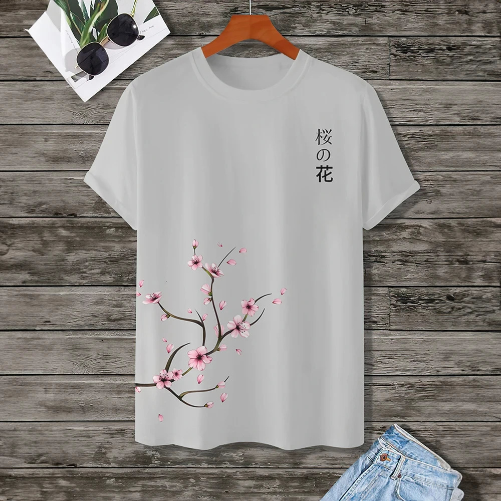 Cherry blossom pattern clothing mens fashion shortsleeved top Japanese street Oneck Tshirt summer 240820