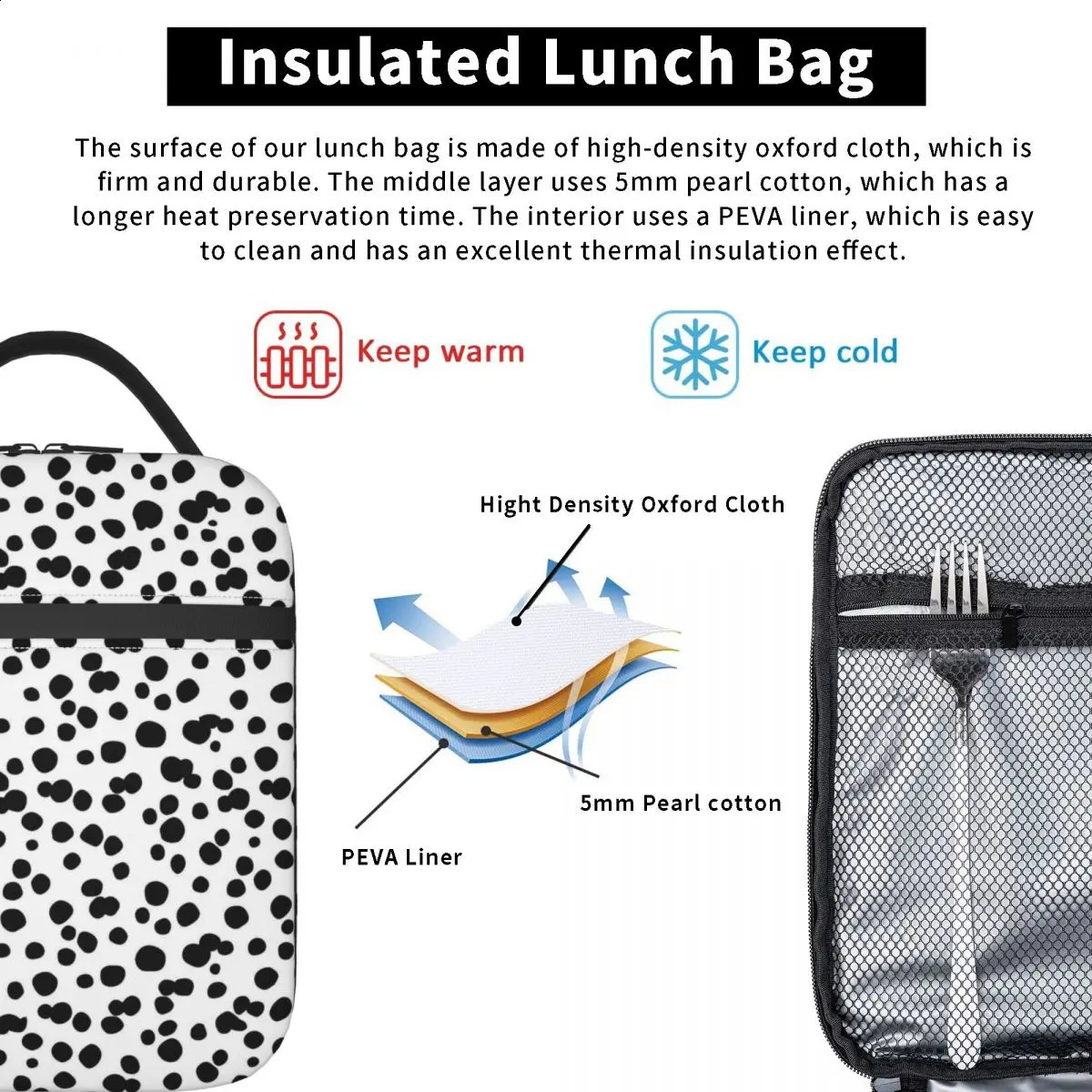 Dalmatian Print Lunch Bag For Women Cartoon Animal Lunch Box Casual Outdoor Picnic Cooler Bag Portable Thermal Tote Handbags 240819