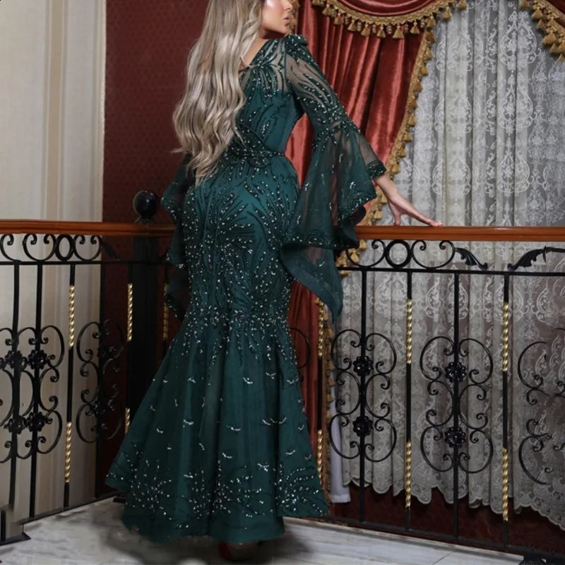 Arrival Green Sexy Party Wear Dress Long Sleeve Mermaid Prom Dress Sequin Beaded Lace Evening Dress 240819