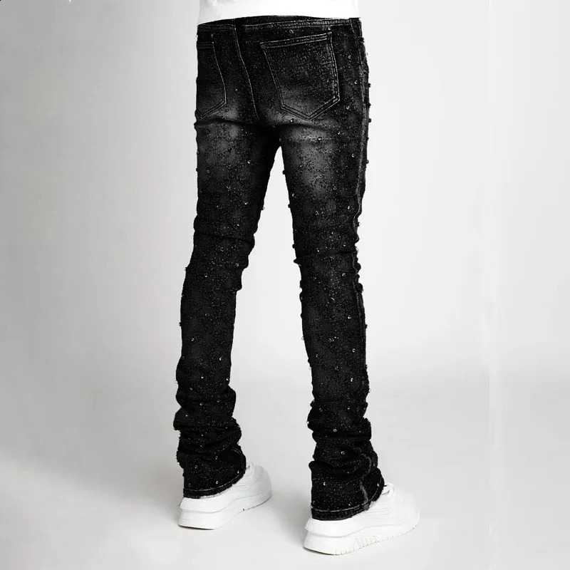 Stretchy Pearls Skinny Jeans Fashion Personality Straight Rhinestone European Street Personality Stacked Denim Pants 240819