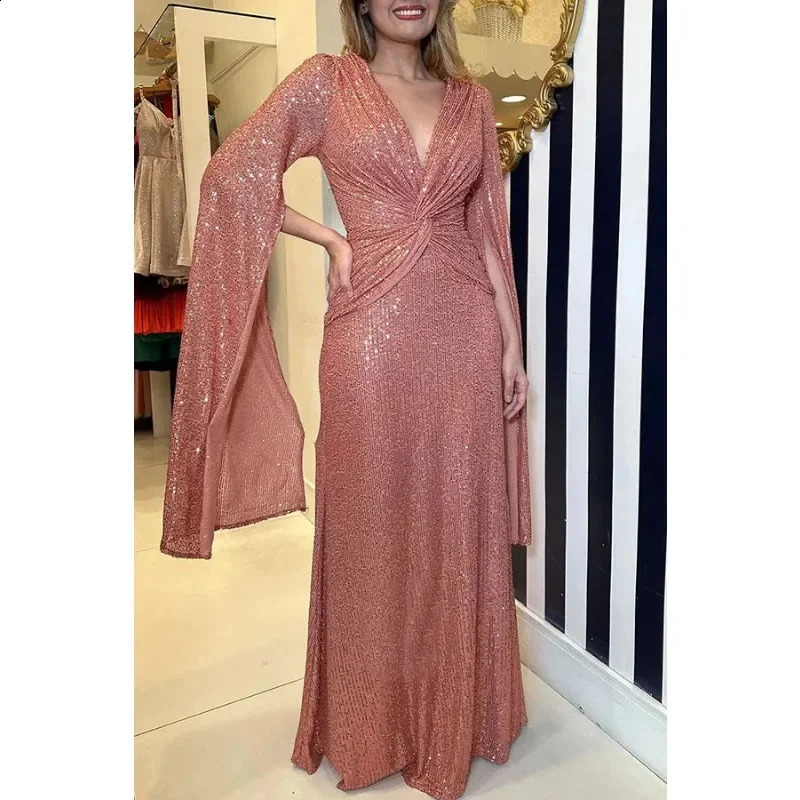 Autumn Womens Party Sequin Personalized Dress Fashionable V-neck Long Sleeved Simple Solid Color Casual Loose Sexy Dress 240819
