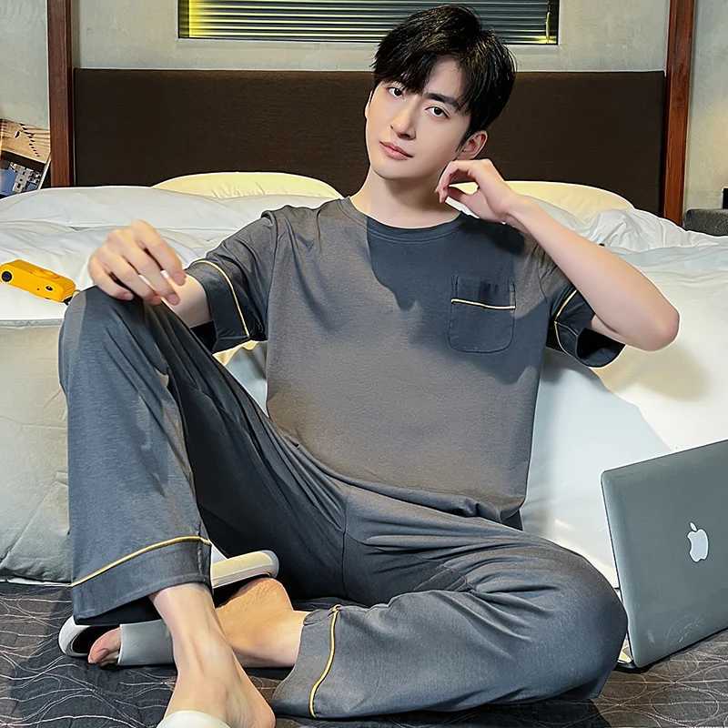 Modal Mens Sleepwear O-neck Short sleeved Pants Soft Smooth Elastic Comfortable Sleepwear Mens 5XL 4XL 3XLW240719