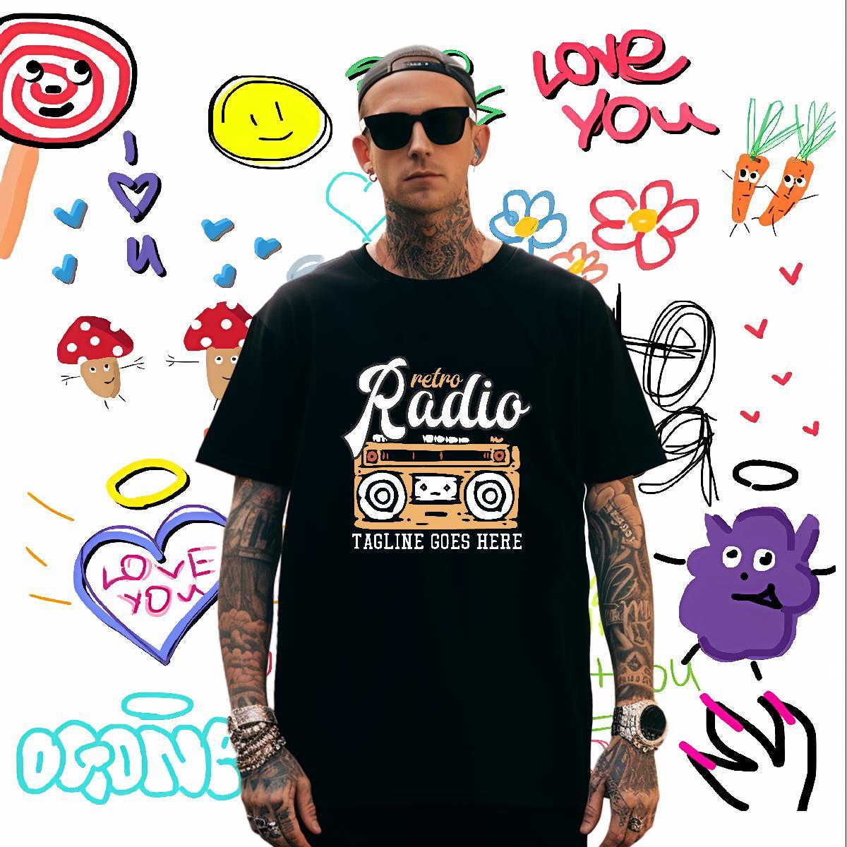 Cool radio Mens T Shirts Hip Hop Street Mens Tshirts 230g 100% Cotton Classic Casual Crew Neck White Plus Size Polos