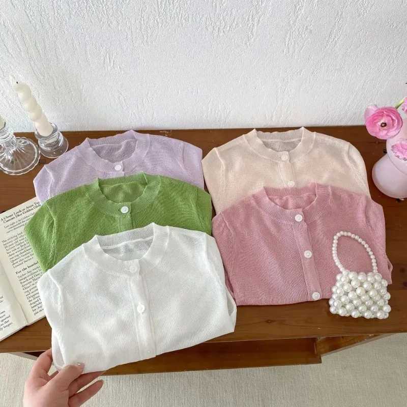 Ins Baby New Sweet Summer Coat Princess Candy Color Cardigan Sunscreen Air-conditioned Long Sleeve Shirt Knitted Hollow JacketsXJ240819