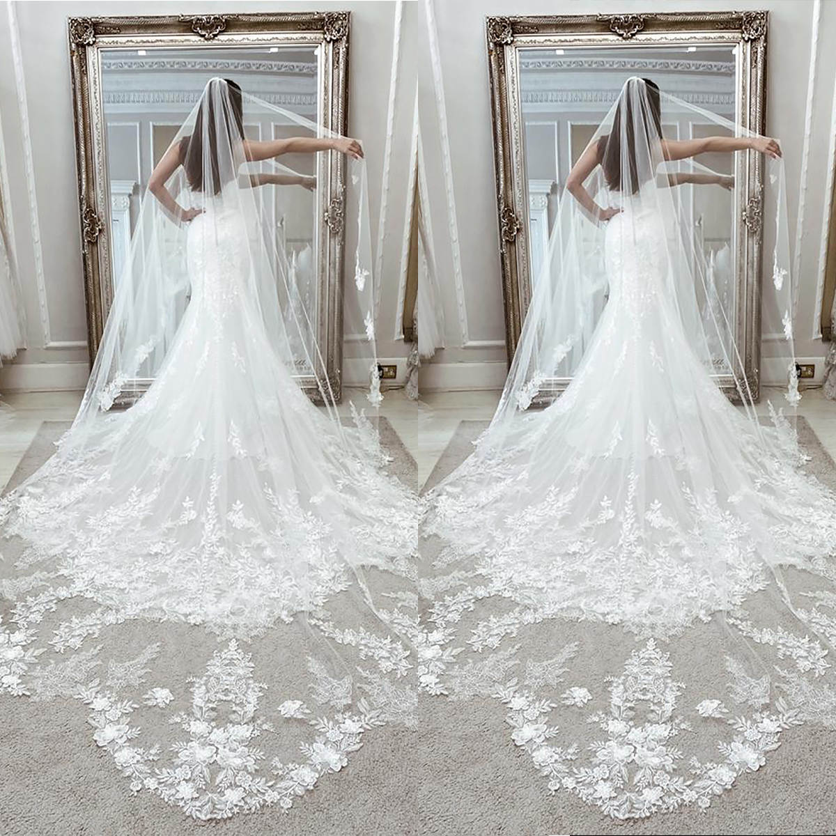 Gorgeous Wedding Veil Appliques One Layer Long Cathedral Length Veils Lace Edge With Comb Custom Made Bridal Accessories