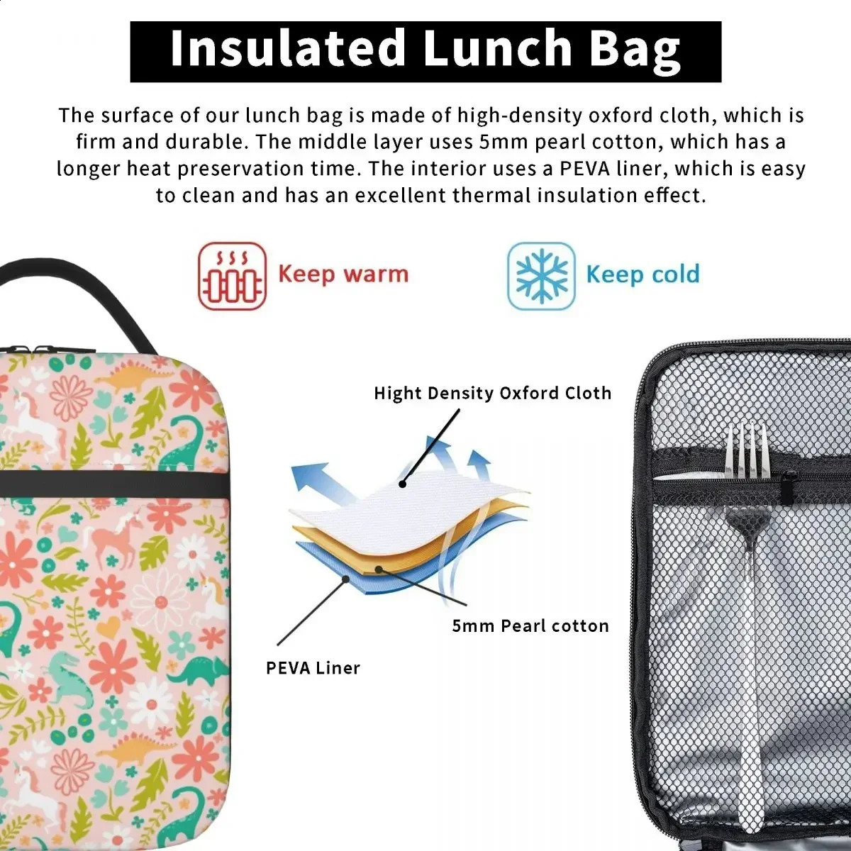 Cute Unicorn And Dinosaur Print Insulated Lunch Bag for Work School Waterproof Cooler Thermal Lunch Box Women 240819