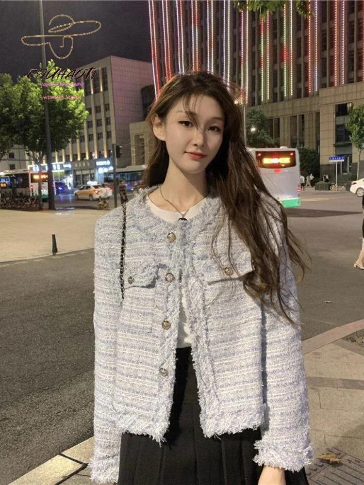 Womens jacket small perfume tweed coat autumn winter temperature tassels long sleeves blouse Korean fashion womens clothing 240819