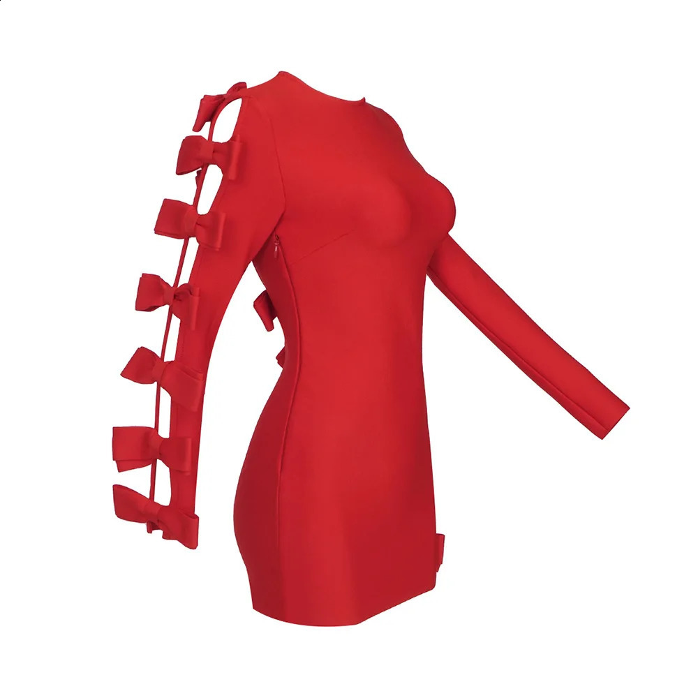 Women Sexy Bandage Dresses Fashion Bow Long Sleeve Clothes Club Party Hollow Out Dresses 240819