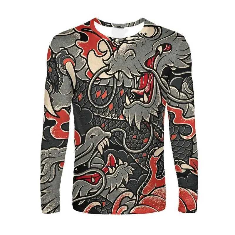 Men Long Sleeved Chinese Dragon Round Neck Cartoon 3D Harajuku Printed Fashionable And Personalized Oversized Loose T-shirt TopXJ240819