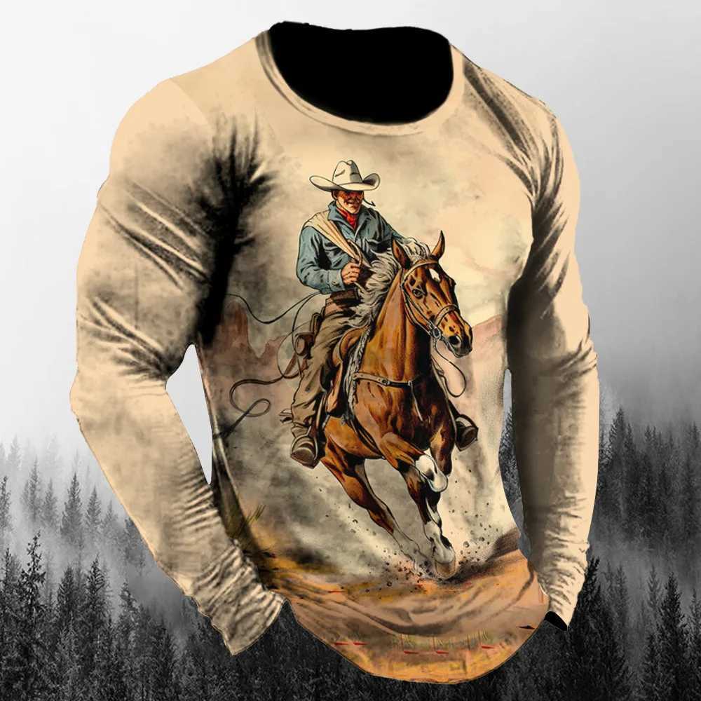 Western Cowboy Retro Tough Guy Style 3d Printing Spring And Autumn Mens Long Sleeved T-Shirt Relaxed And Fashionable Top 6xlXJ240819