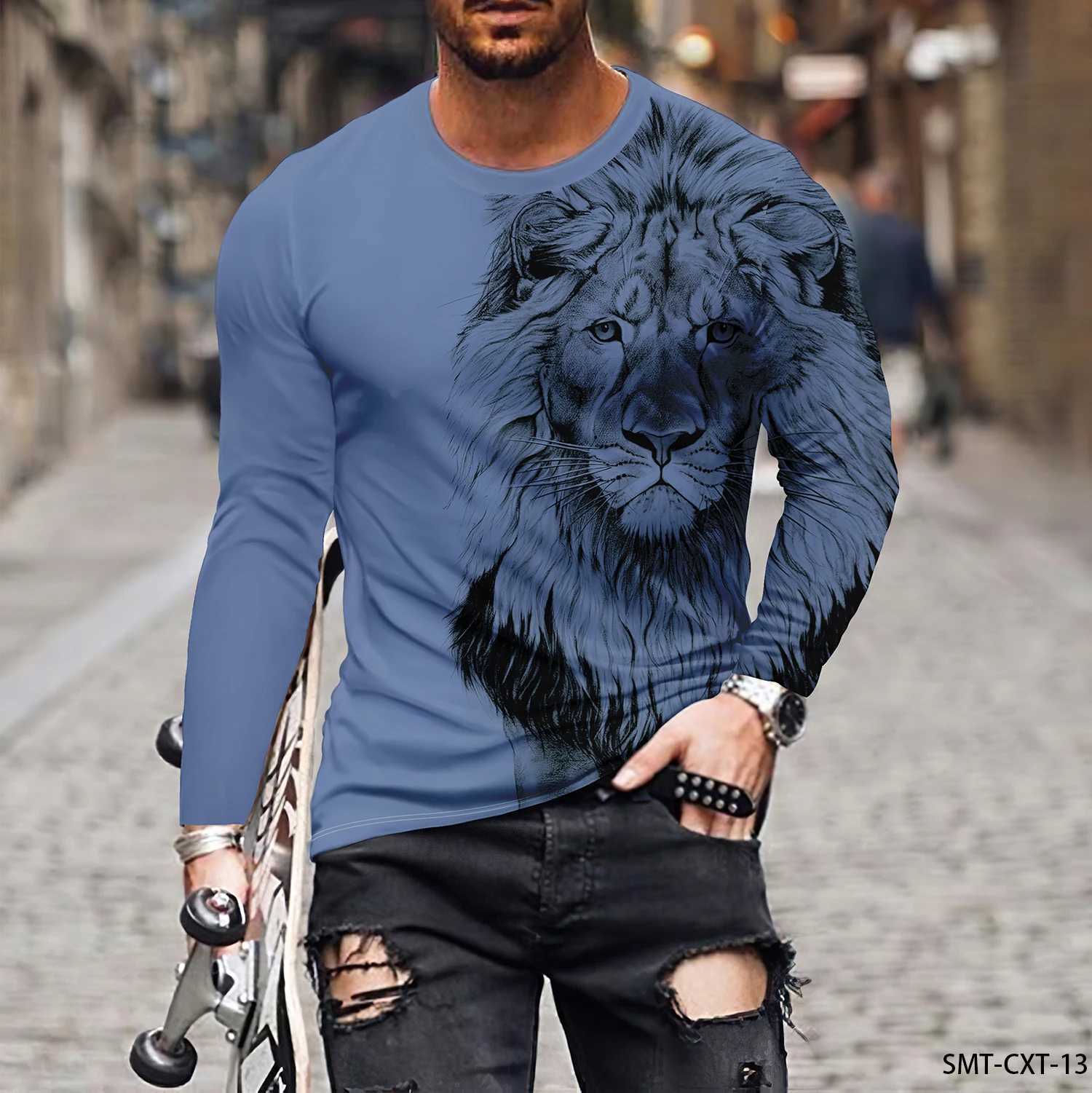 Funny 3D Lion Print Mens T Shirt Casual Cotton Long Sleeve T-shirts Fashion Loose O-neck Pullover Tops Autumn Tee Mens ClothesXJ240819