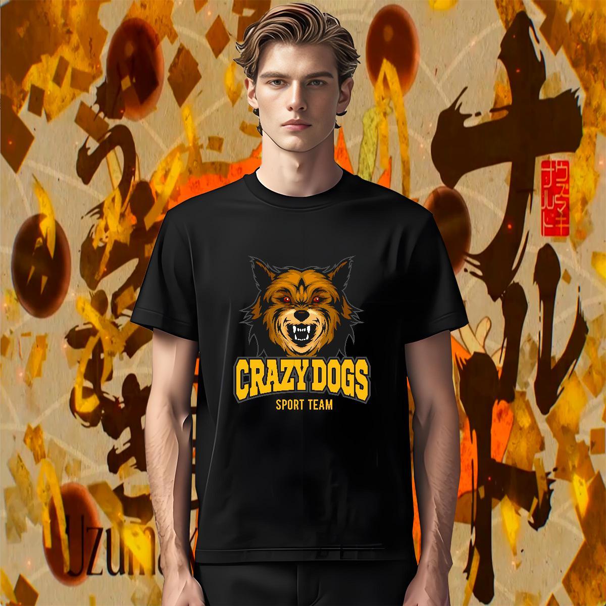 Classic Men T Shirts crazy dog O Neck Short Sleeves Sport Custom Anime 230g Cotton Men Tops Tees 2024 New Tops Shirt