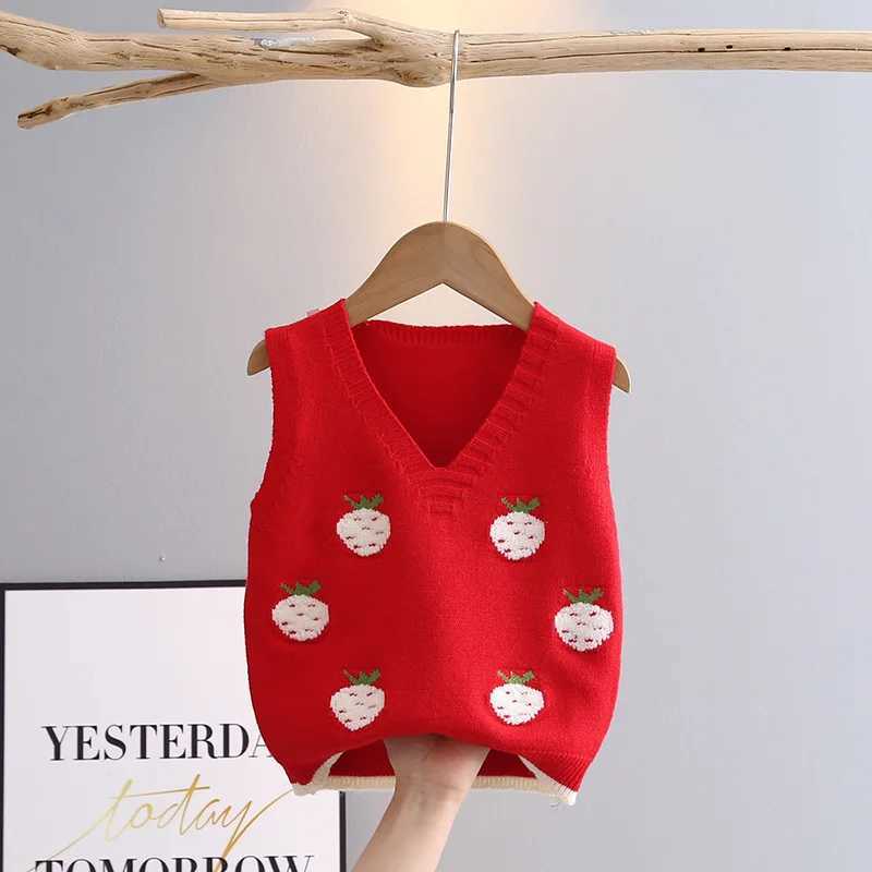 Sleeveless Sweater for Girls Spring Fall V-neck Children Knitwear Baby Girl Knit Vest Cartoon Strawberry Kids Waistcoats GY03083XJ240819