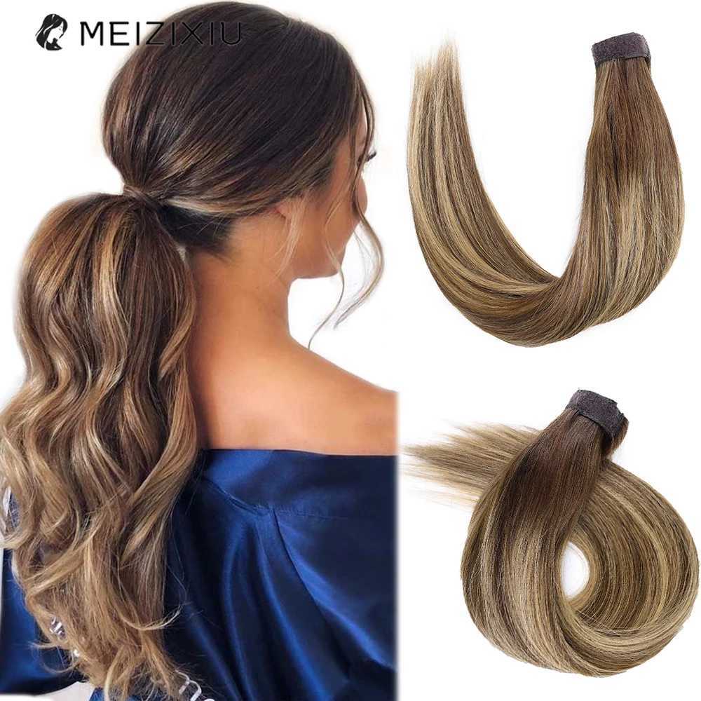 Ponytail on hair extension Remy hair Highlight Ombre ponytail on human hair extension for female magic wrap around 14 to 22 inches W240817