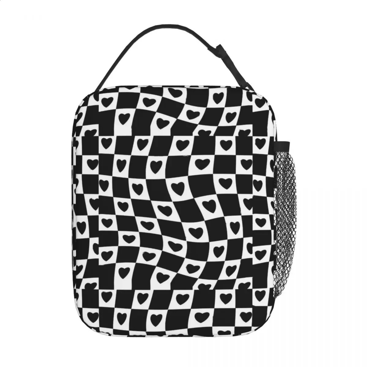 Lunch Bag Hearts Check Print Portable Lunch Box Black And White School Cooler Bag Retro Oxford Thermal Lunch Bags 240819