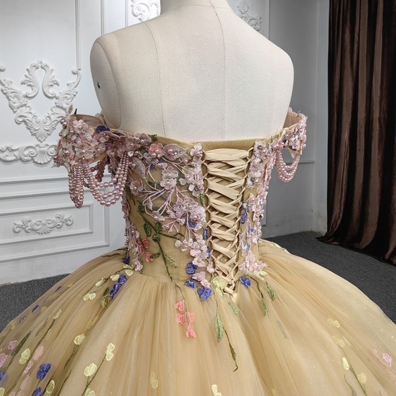 Mexican Champagne Shiny Quinceanera Dresses Pearl Color Applique Tull Birthday Party Princess Sweet 16 Ball Gowns Vestidos 15 XV Anos