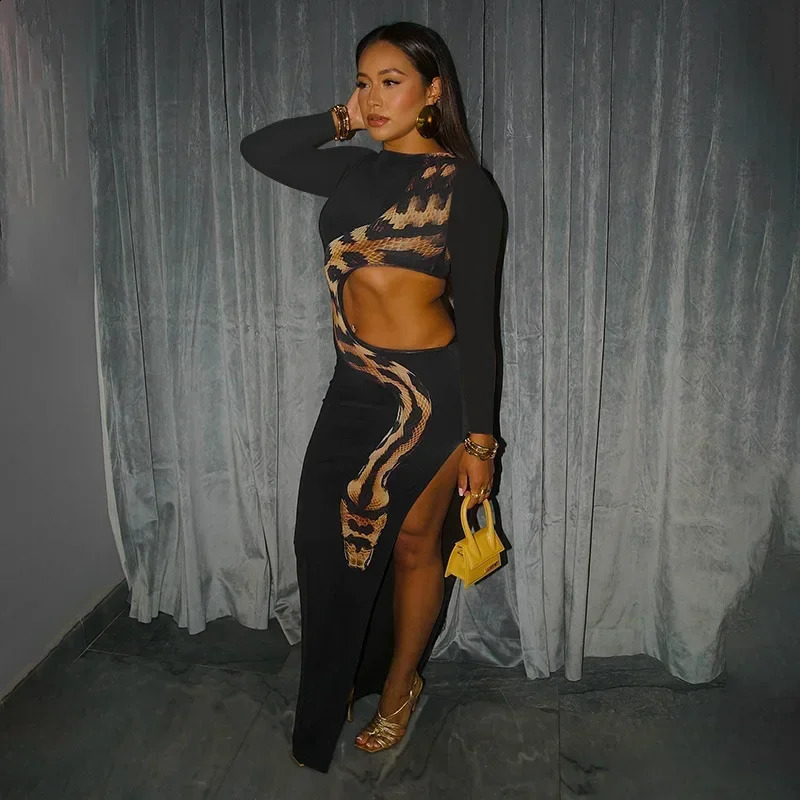 Autumn Winter Maxi Dress Women Fashion Snake Print Cut Out Slim Dresses Long Sleeve Sexy Split Holiday Party Dress Black 240819