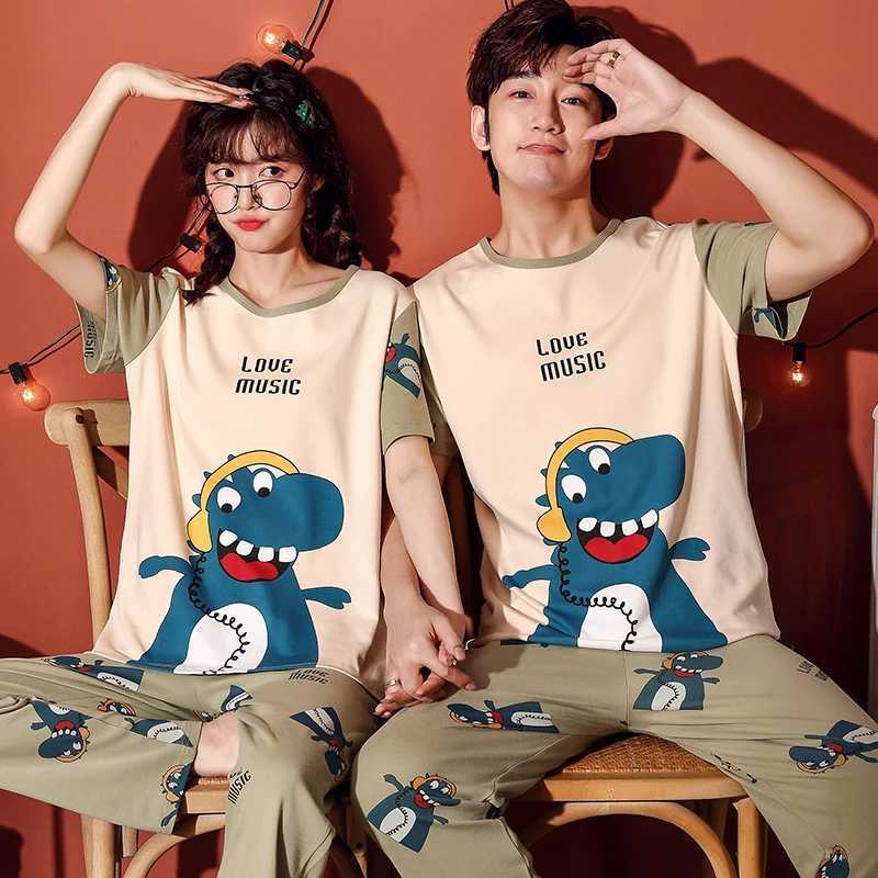 Summer couple pajama set womens spring pajama cartoon dinosaur Korean couple homemade cotton short sleeved pajamaW240719