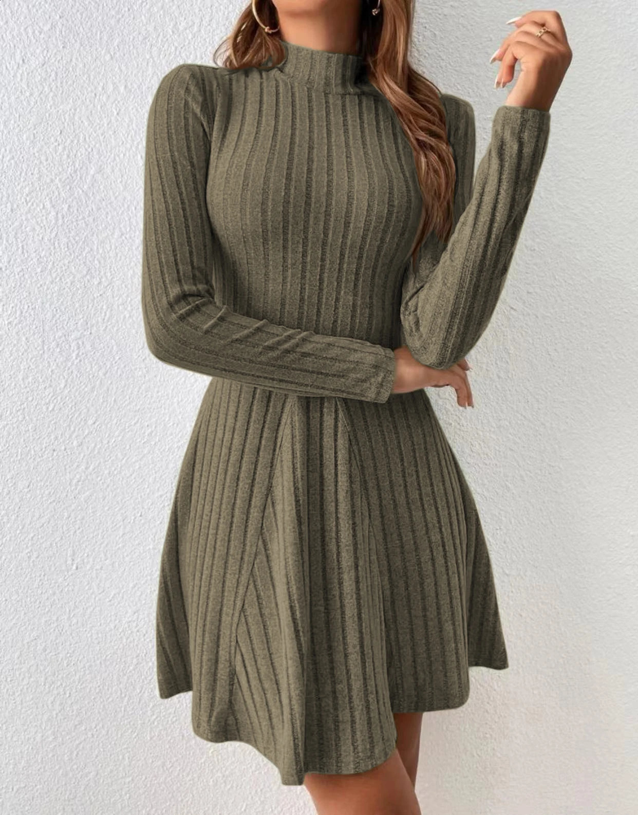 Fashion Slim Solid Color Ribbed Mock Neck Solid Dress Elegant Long Sleeve Dress For Spring Fall Womens Clothing 240819