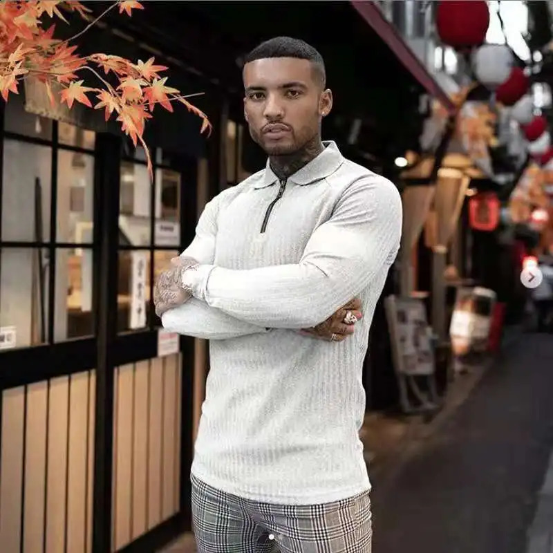 Fashion Long Sleeve Polo Shirt Men Solid Ribbed Printed Casual Lapel Zipper Pullover Tops Slim Men Fitness Polo Shirts 240820
