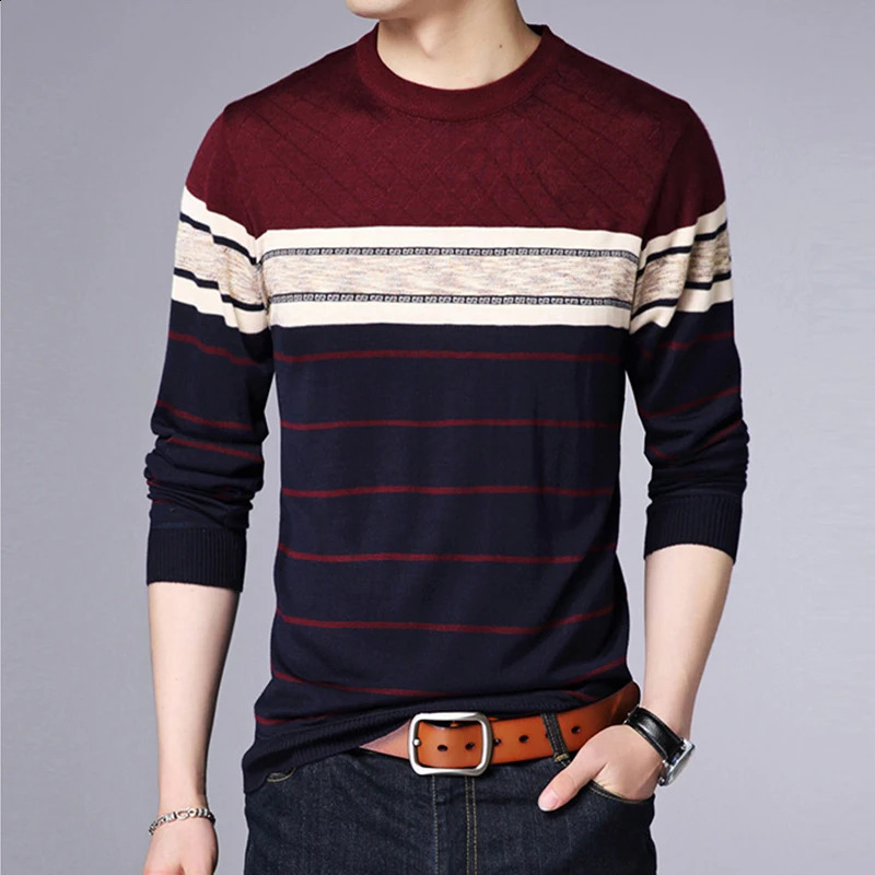 Mens Casual Striped Knit Spring and Autumn Long Sleeved Pullover Fashion Top 240820