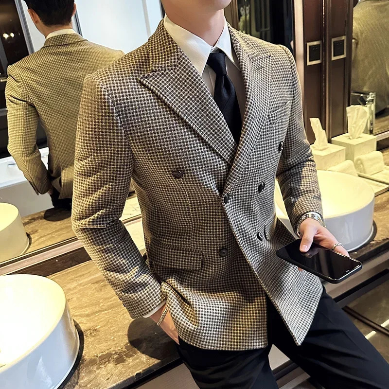 British style mens double chest ultrathin fit jacket Houndstooth official business wedding 240819