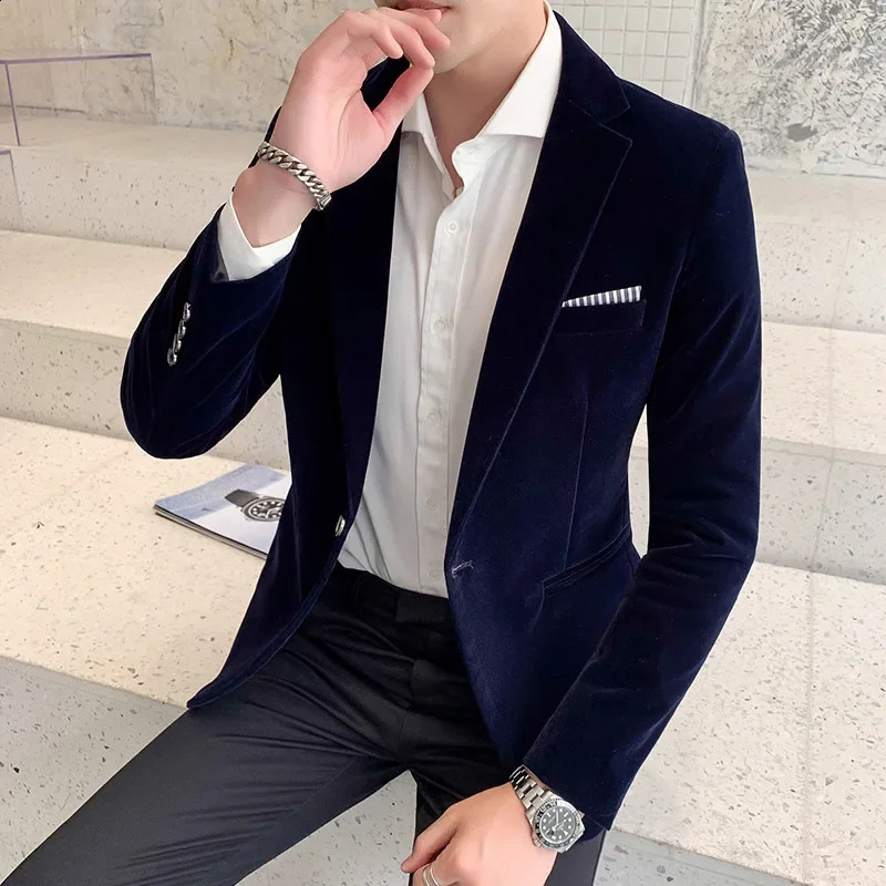 highend of golden velvet officially launched for business mens slim fit jacket social grooms wedding show stage party set 240819